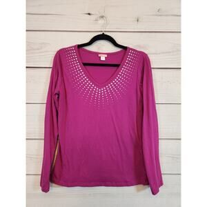 Be Yourself Women's Purple V Neck Long Sleeve Cotton blend T Shirt Size‎ L